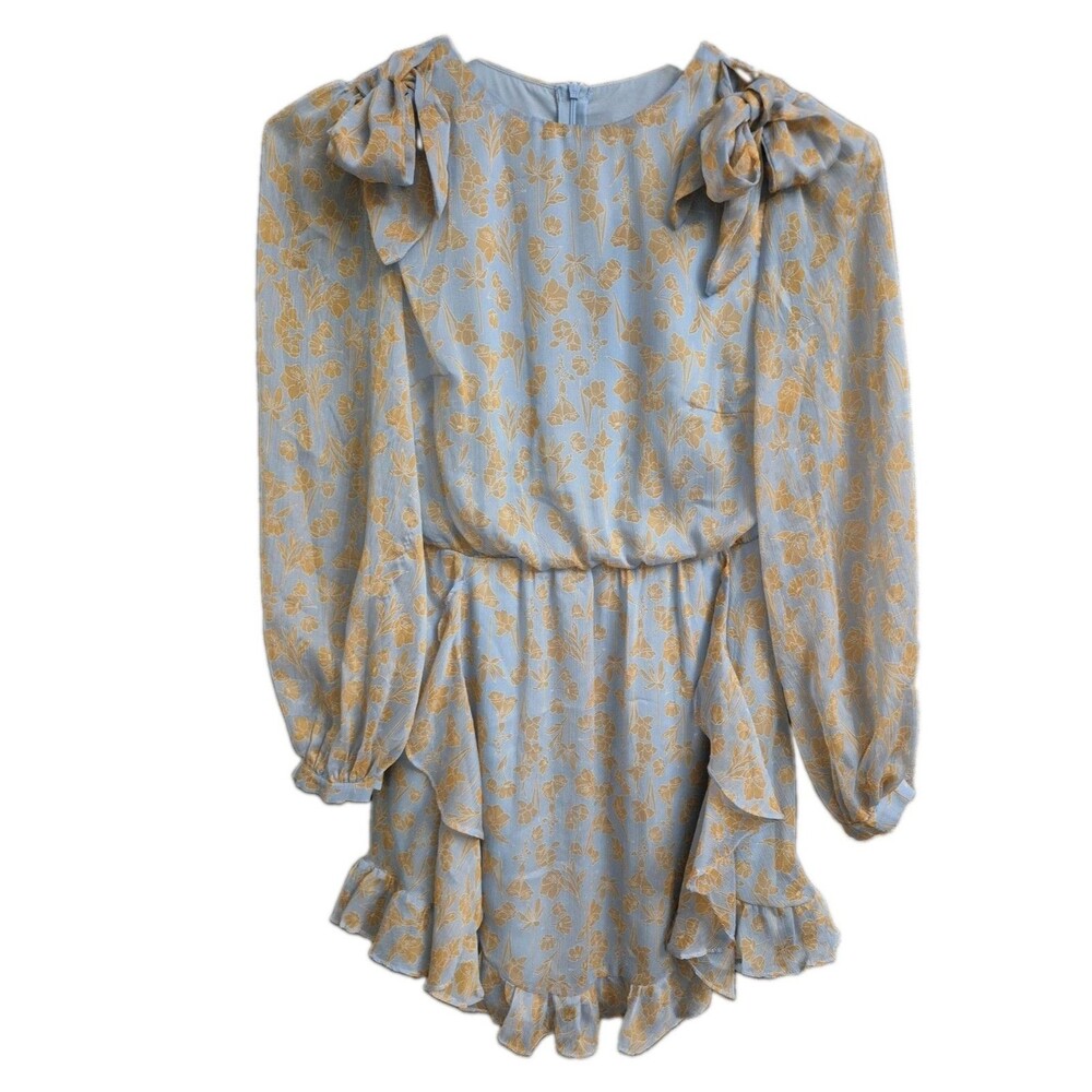 Saints + Secrets Women’s Blue/Yellow Floral Long Sleeve Bow Ruffle Mini Dress XS